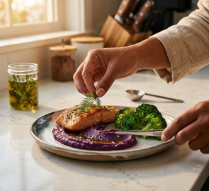 Alimentos frescos y productos etiquetados como saludables sobre una mesa.